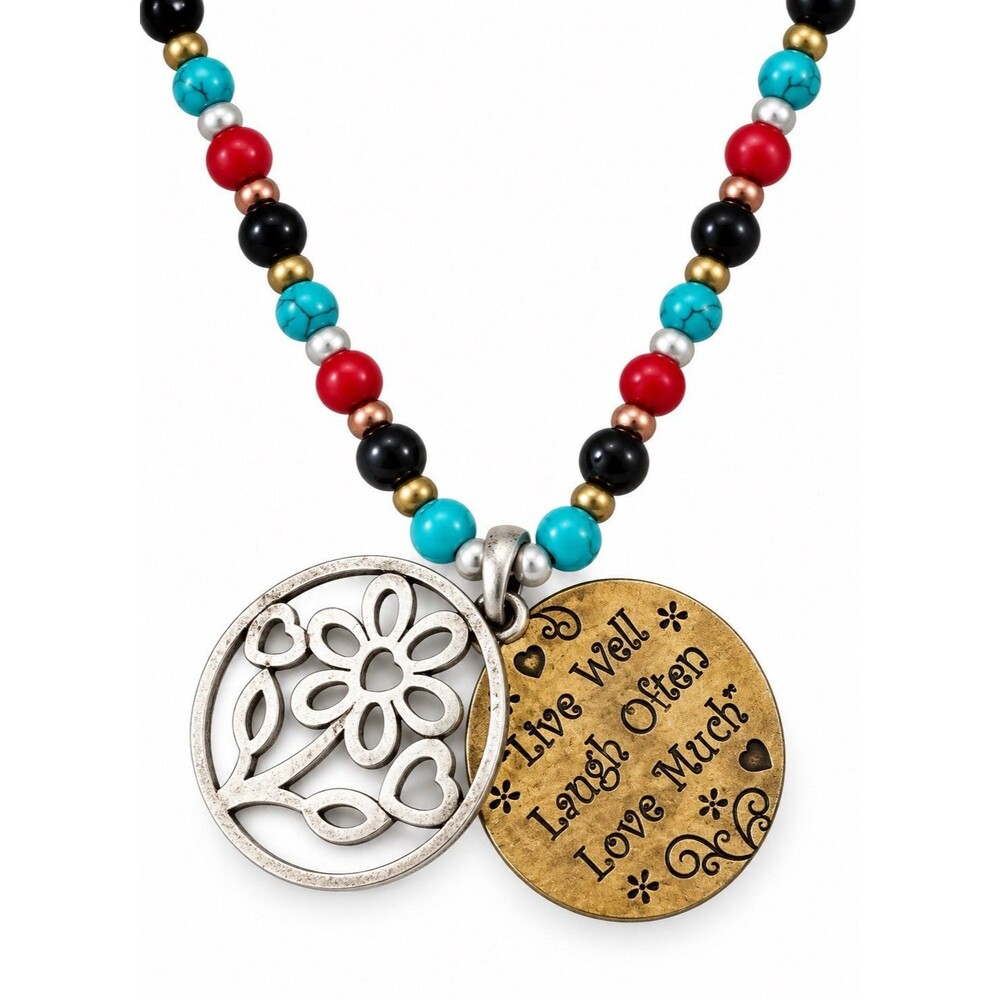 "Live Well Laugh Often Love Much" Beaded Necklace Floral Pendant Boho